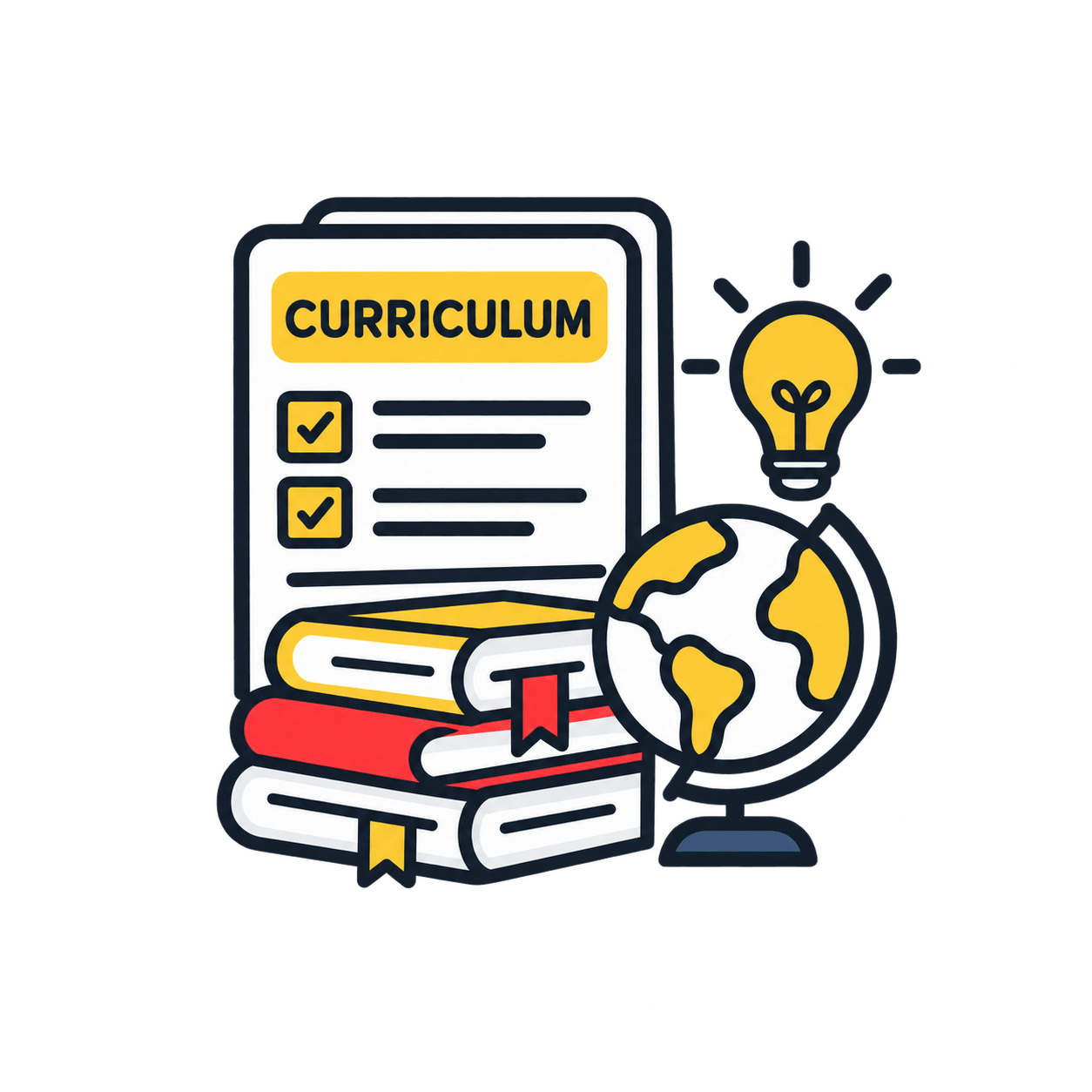 Curriculum checklist with books and a learning globe