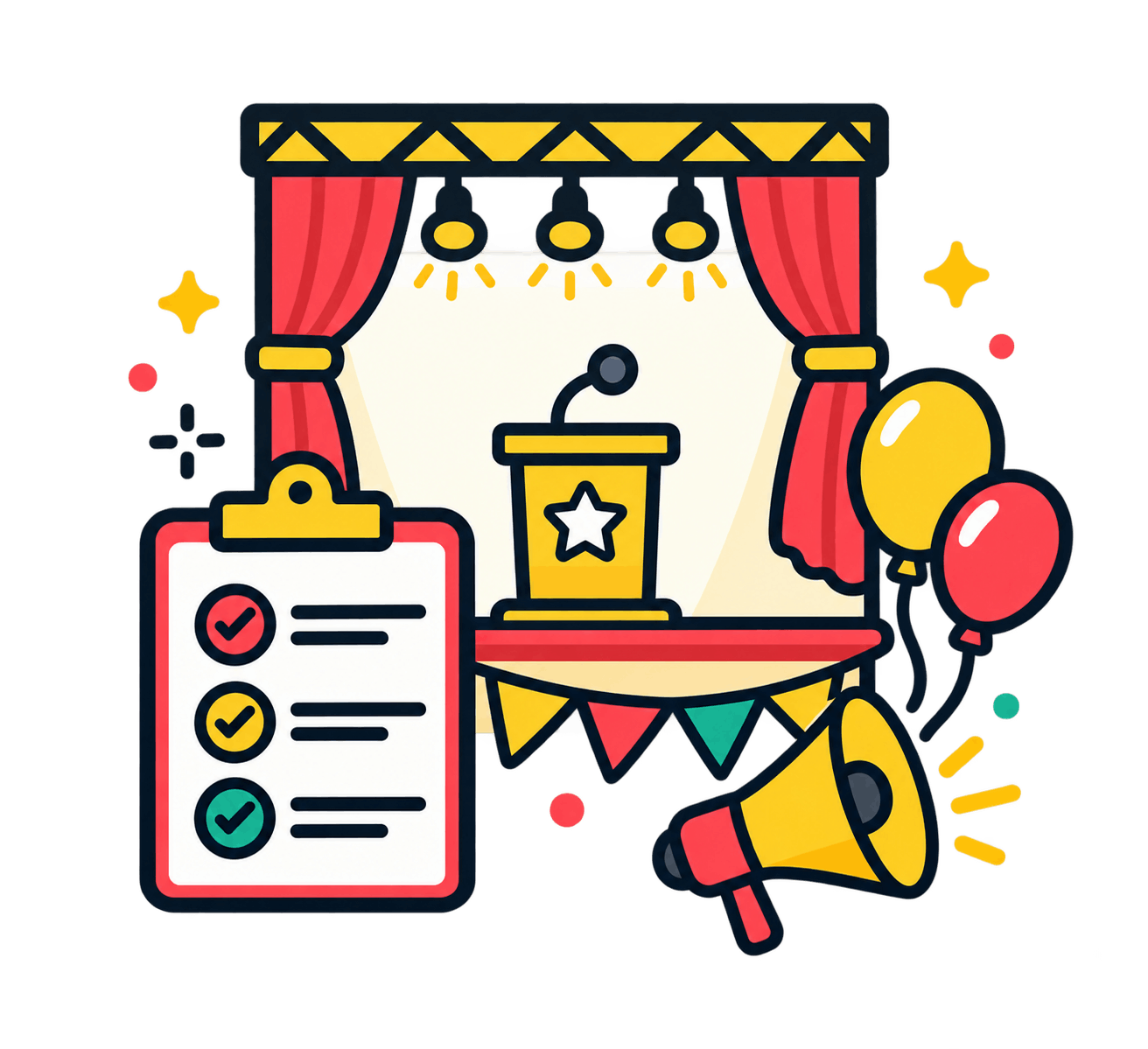 School event stage with checklist, balloons and megaphone